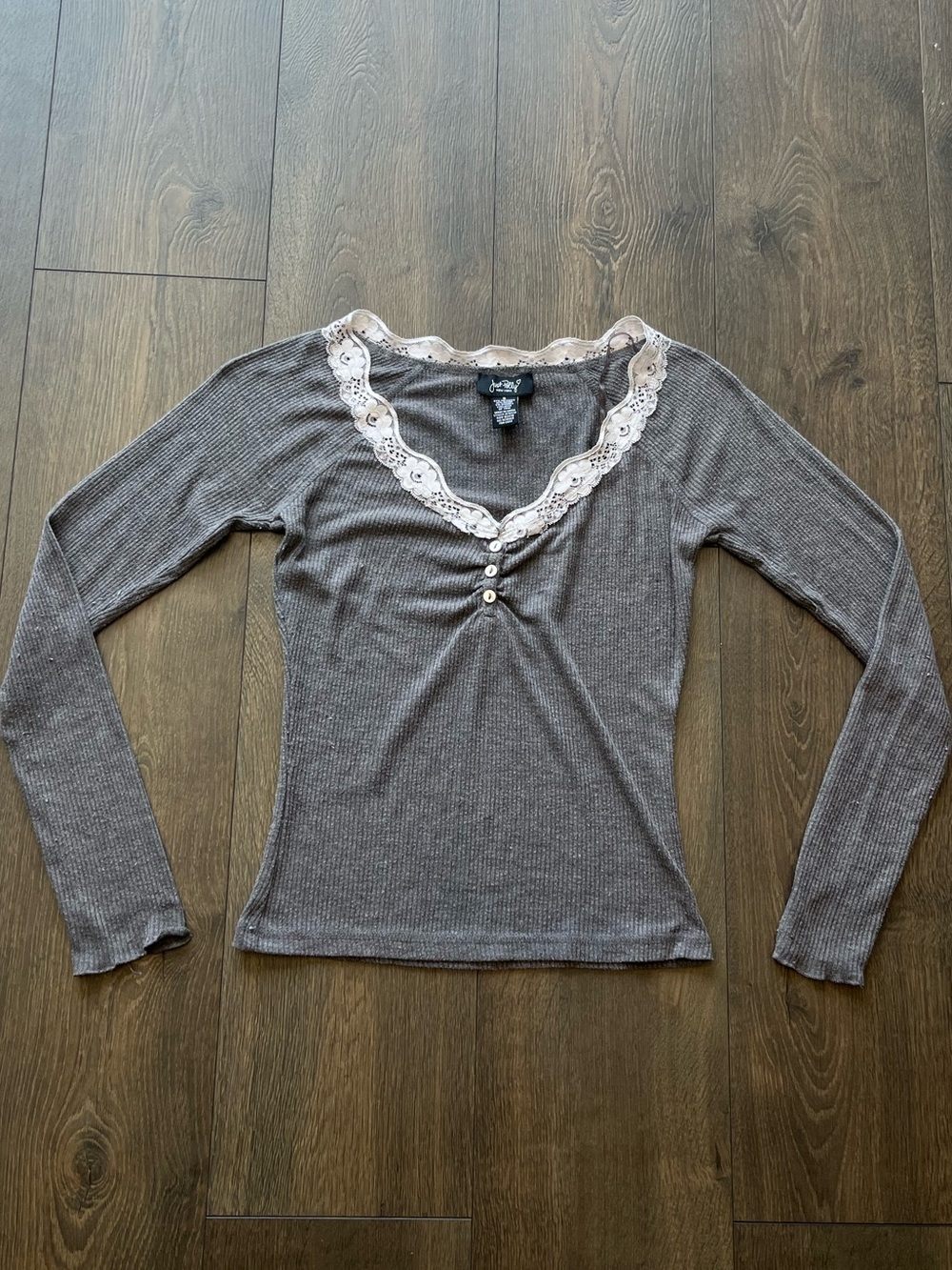Just Polly Lace Trim Ribbed Long Sleeve Top